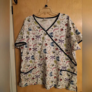 UA Scrubs Womens Top White XL Cartoon Insects Bugs Graphic V-Neck Short Sleeve